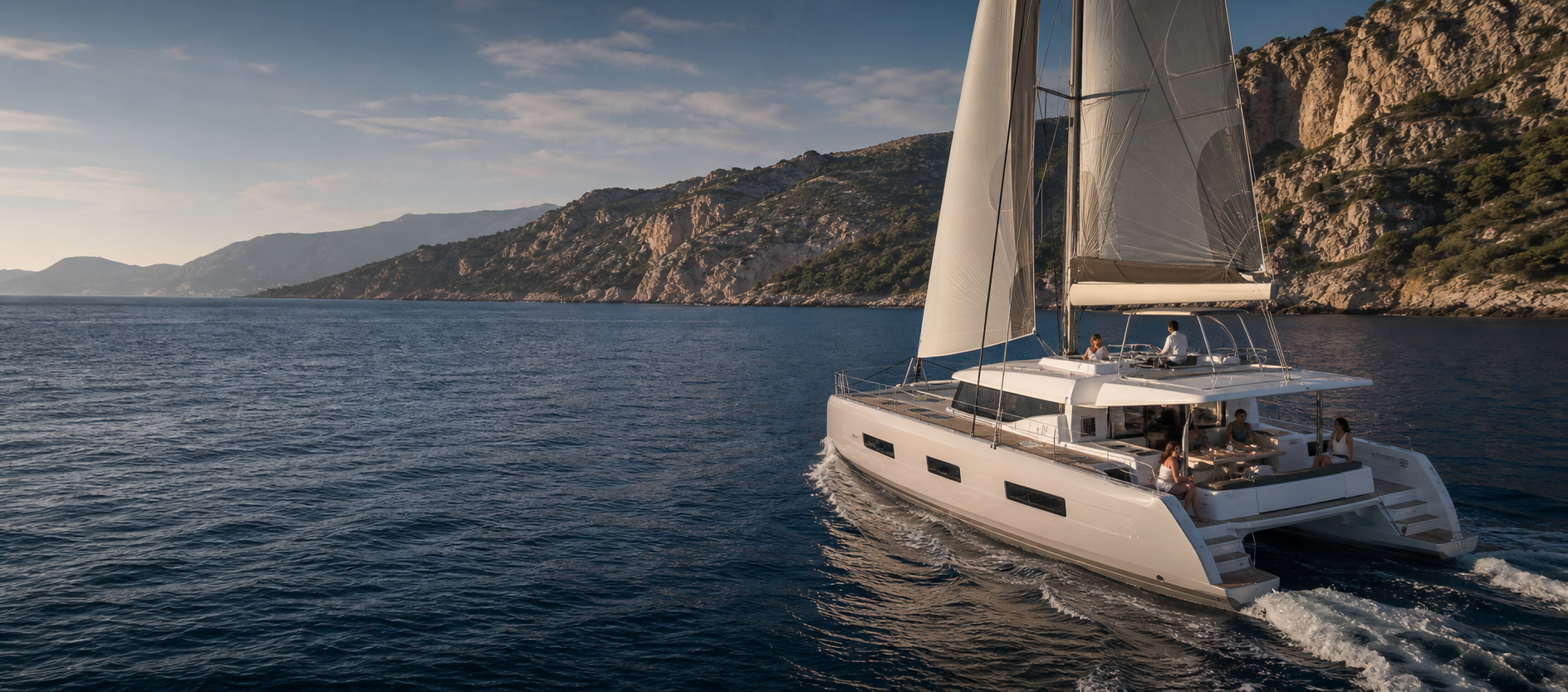 Guests enjoying a premium sailing catamaran charter along a Mediterranean coastline
