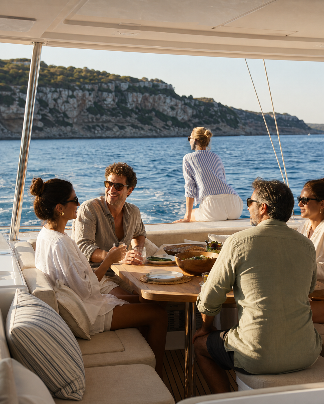 Friends sharing a relaxed meal aboard a Mediterranean catamaran charter