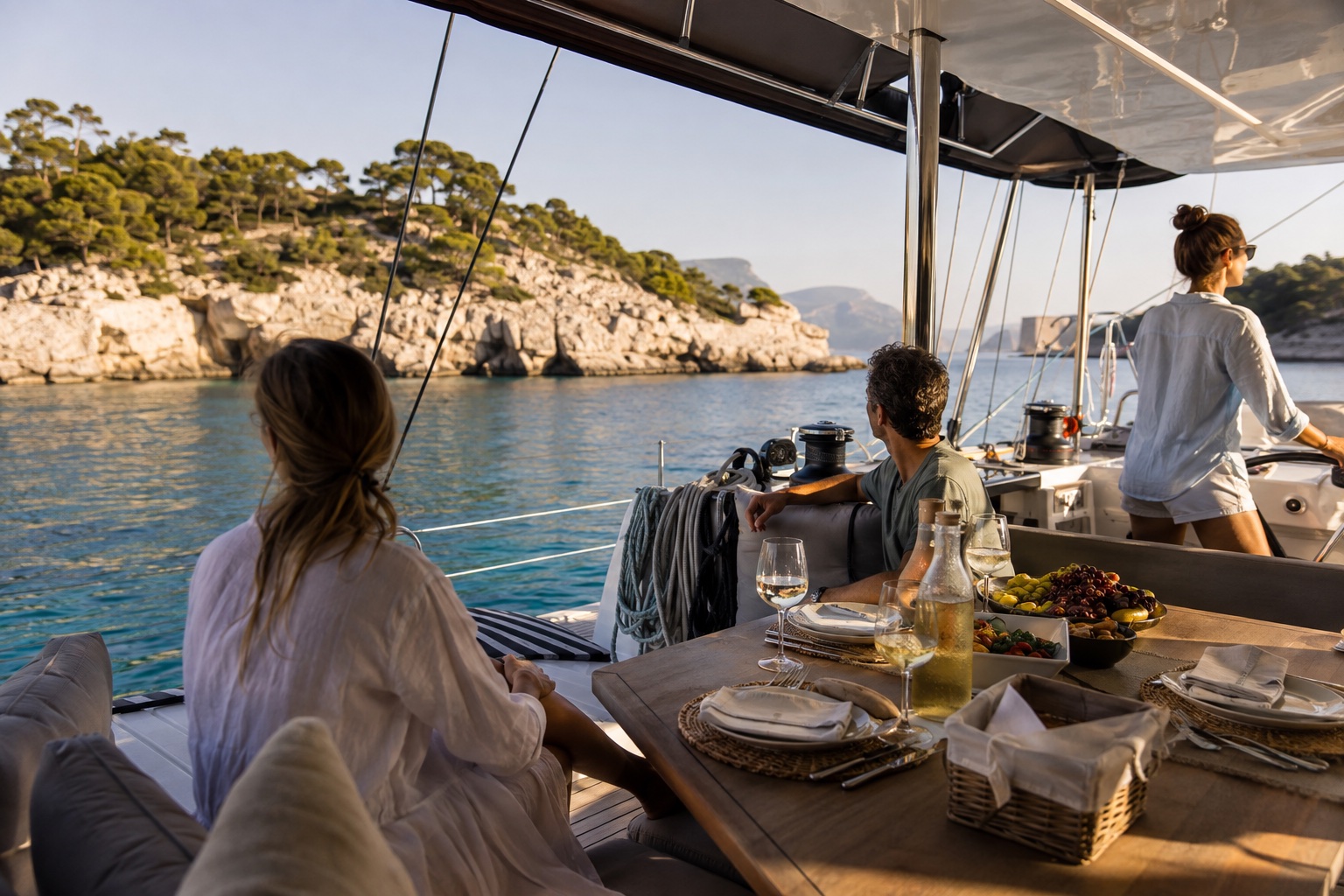 Guests relaxing around the cockpit table during a Mediterranean catamaran charter
