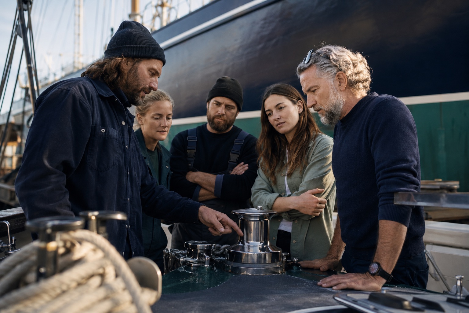 Marine specialists reviewing deck hardware together in a boatyard
