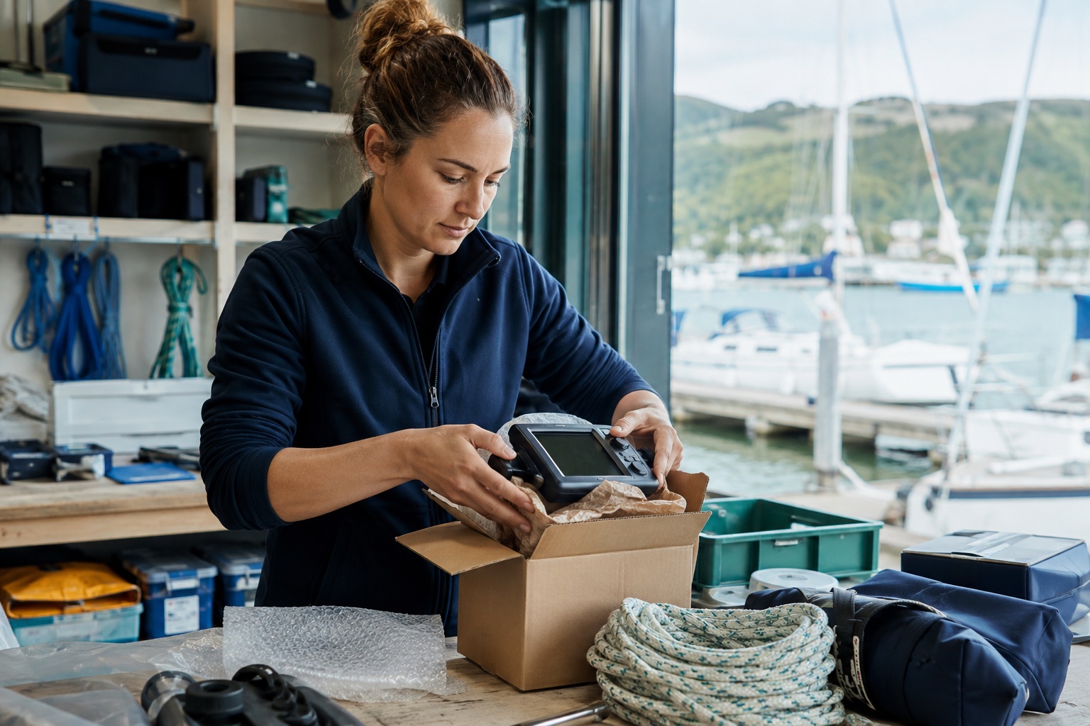 Marine ecommerce operator packing a navigation product for delivery