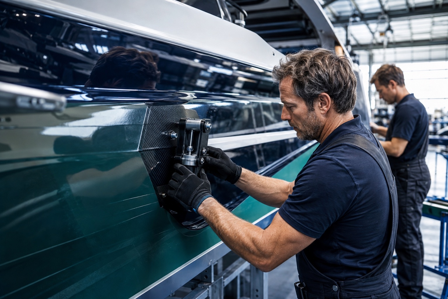 Boatbuilders fitting a component to a modern hull