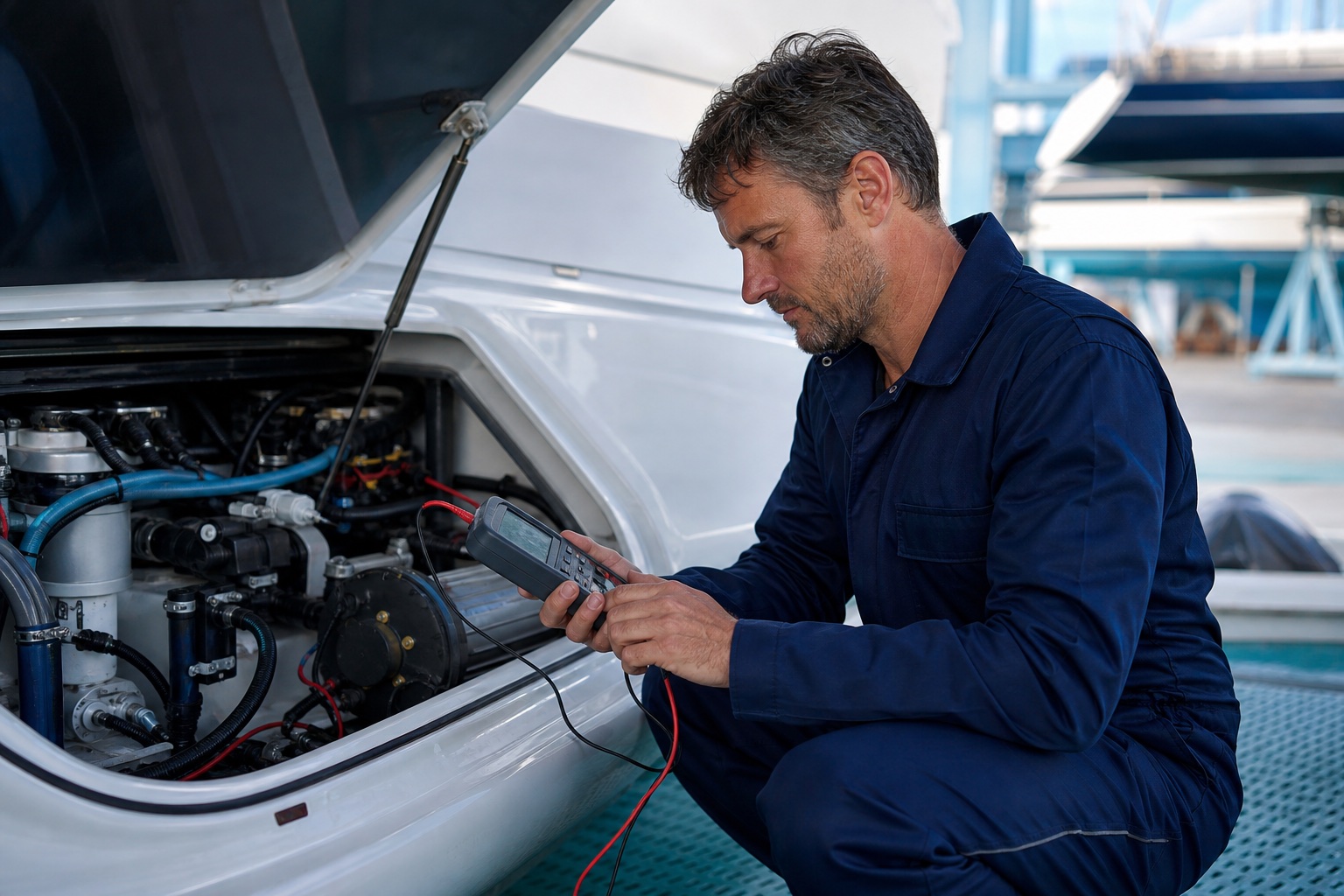 Marine technician diagnosing a vessel system