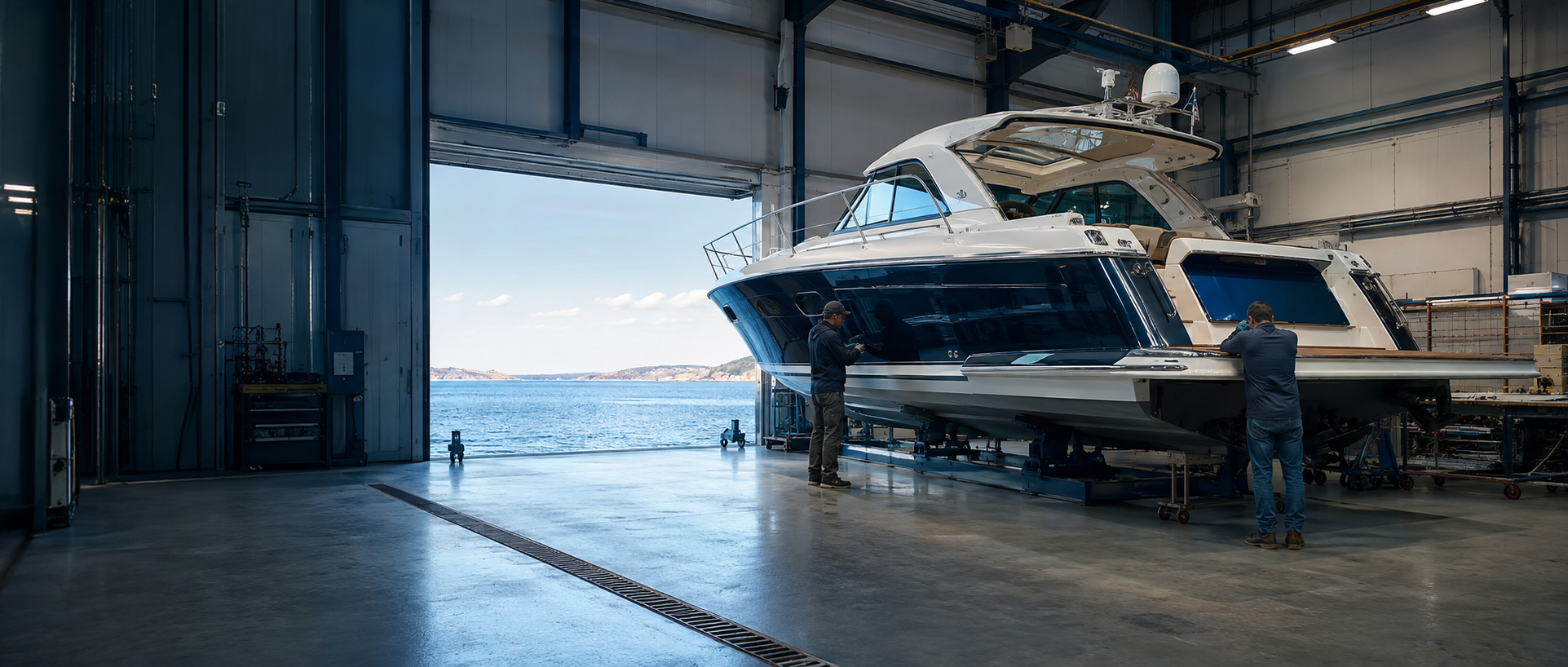 Technicians completing a premium motorboat inside a coastal manufacturing facility