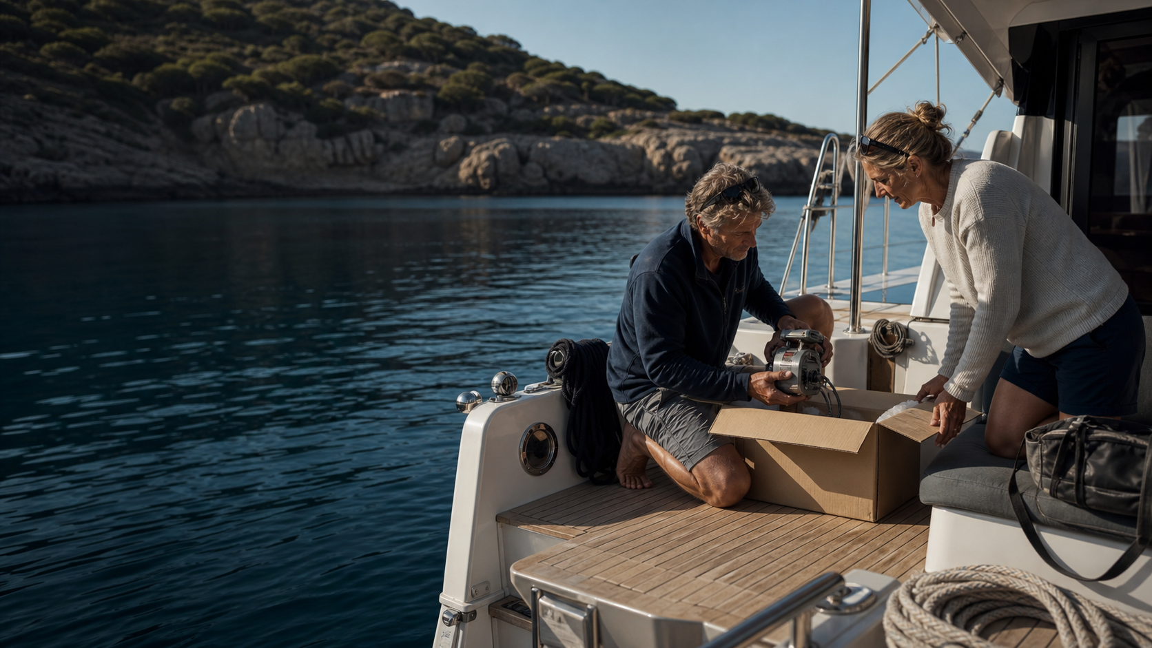 Boat owners unpacking new marine equipment aboard a sailing catamaran