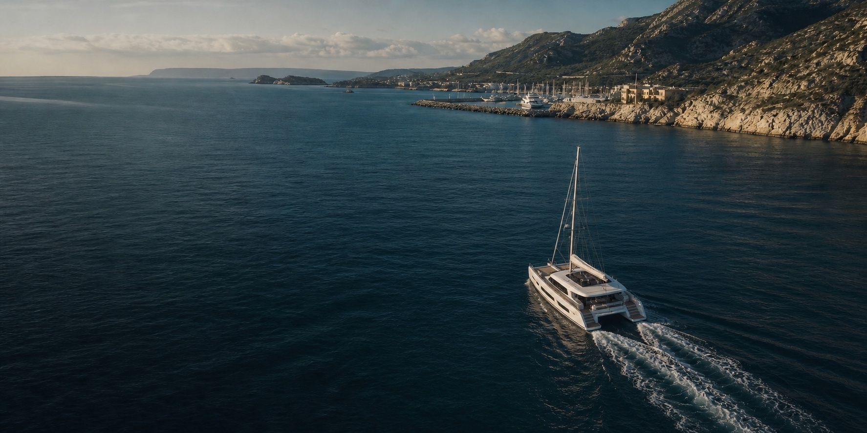 A 60-foot cruising catamaran motoring along a rugged coastline