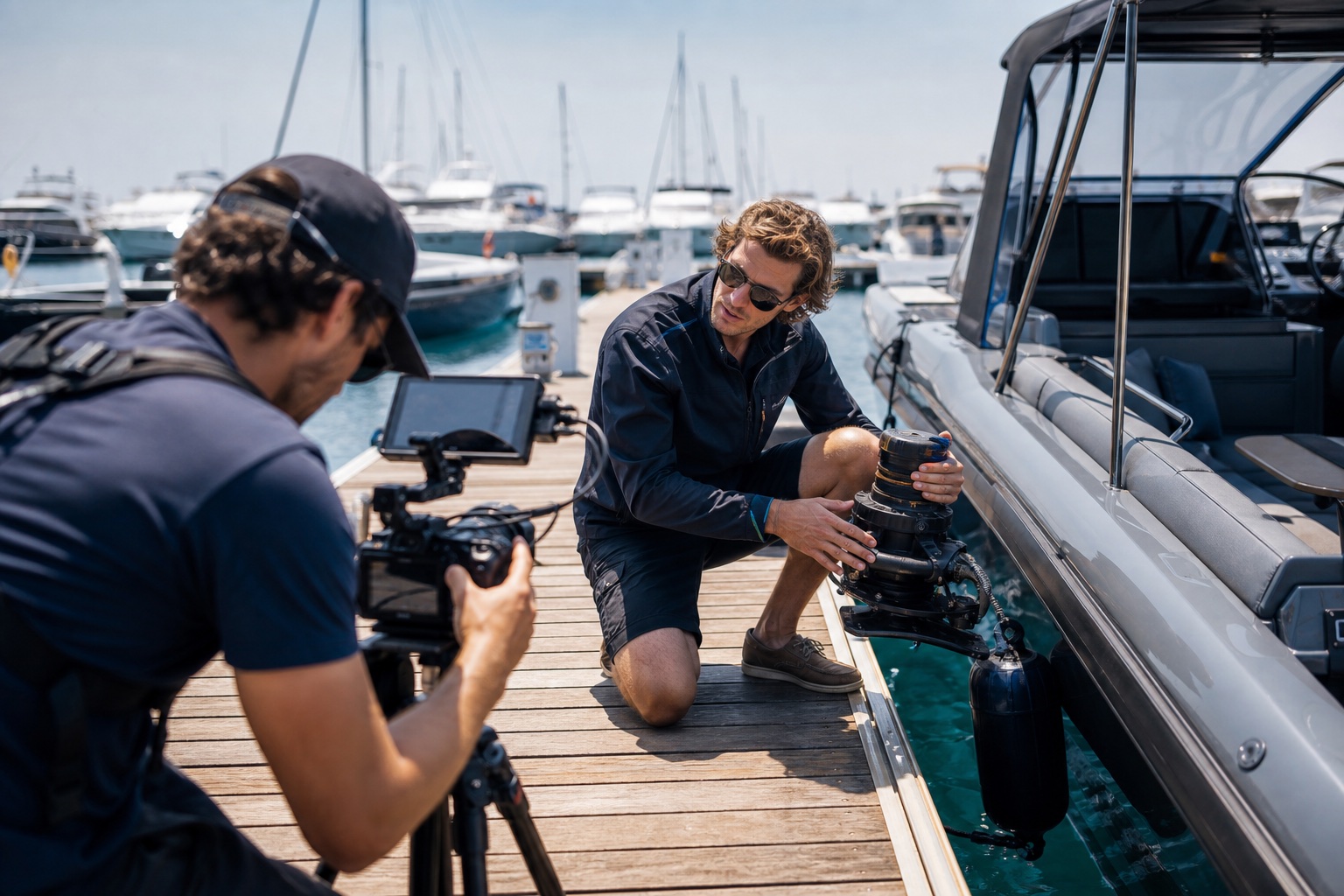 Marine product demonstration being filmed for paid advertising content