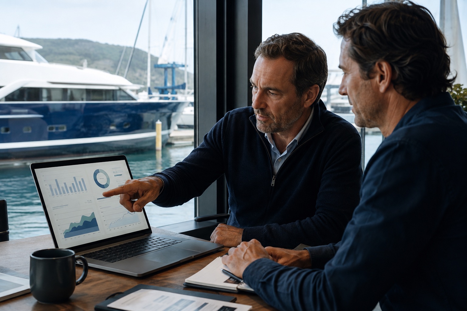 Marine marketing team reviewing paid advertising performance