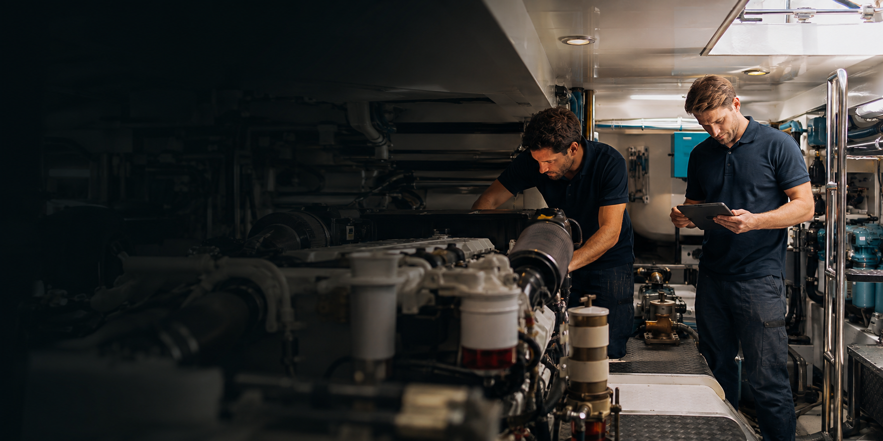 Two marine technicians servicing machinery inside a motor yacht engine room