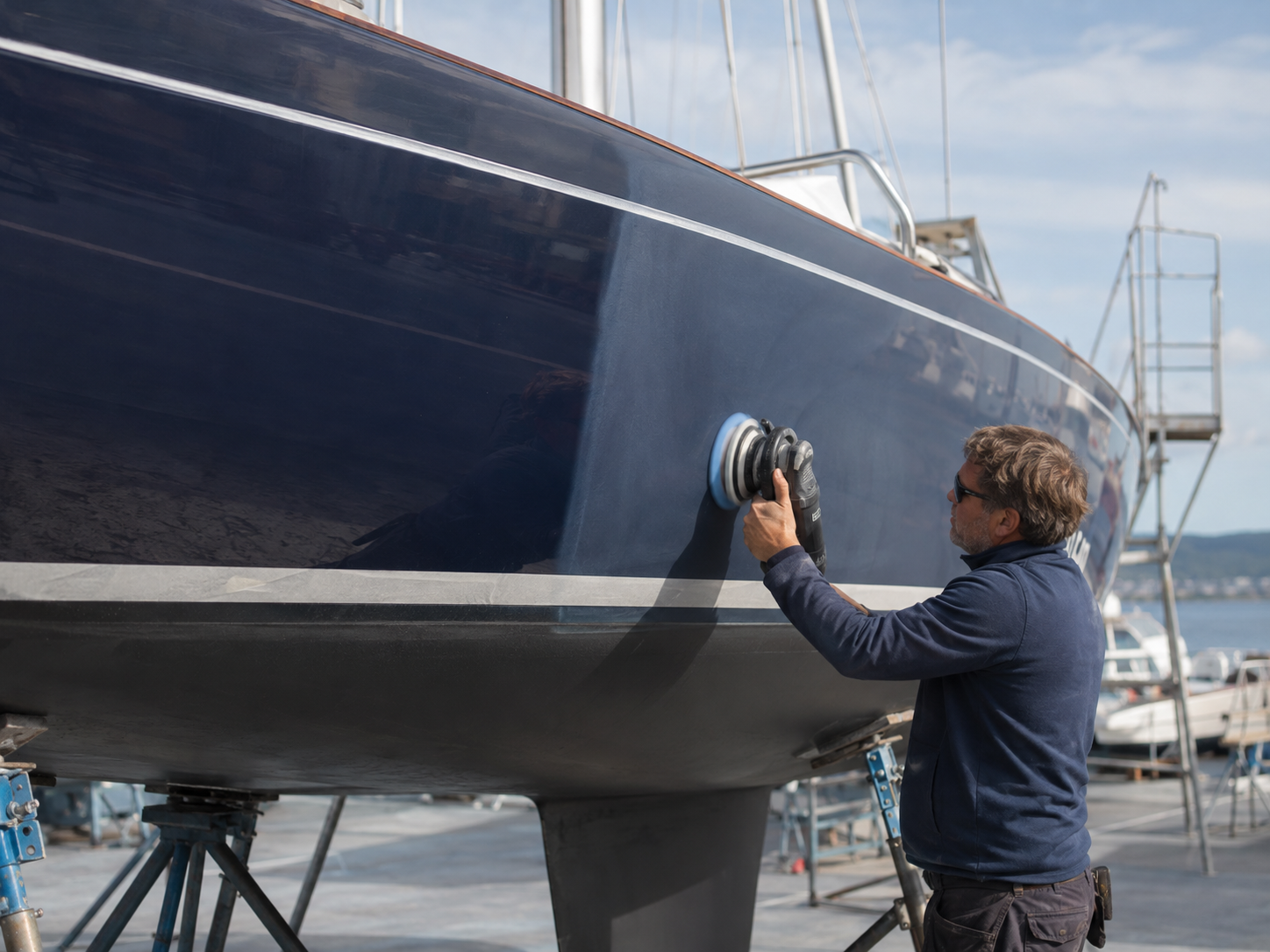 Marine detailer polishing a sailing yacht hull in a boatyard