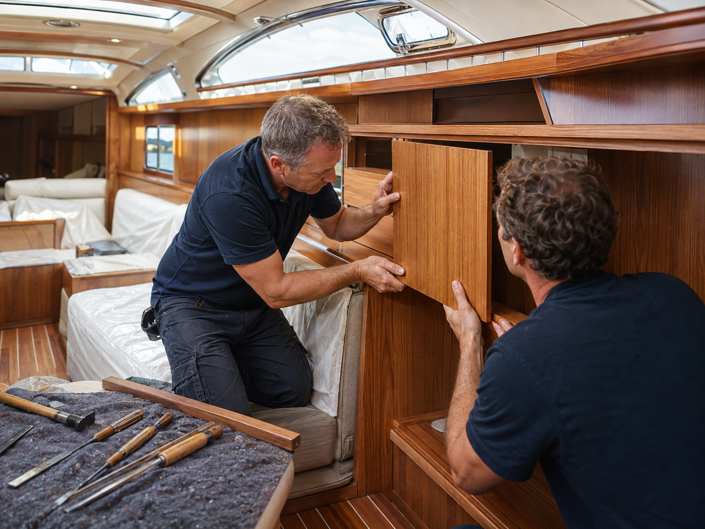 Marine craftspeople refitting cabinetry inside a yacht