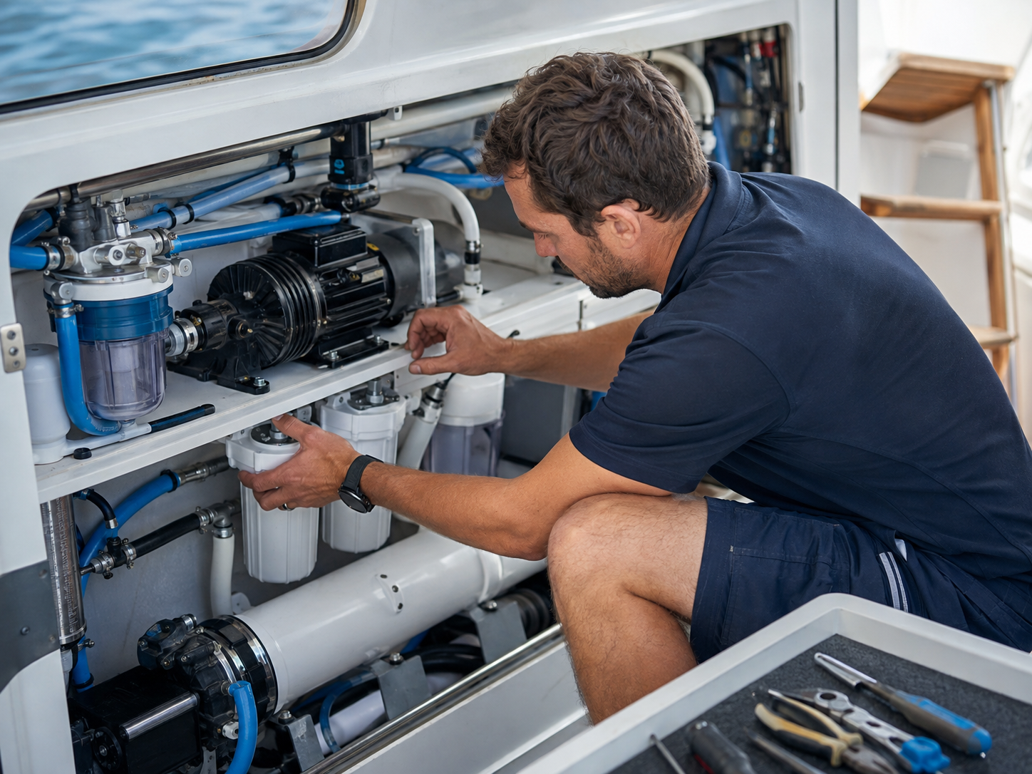 Marine technician servicing a yacht watermaker and freshwater system