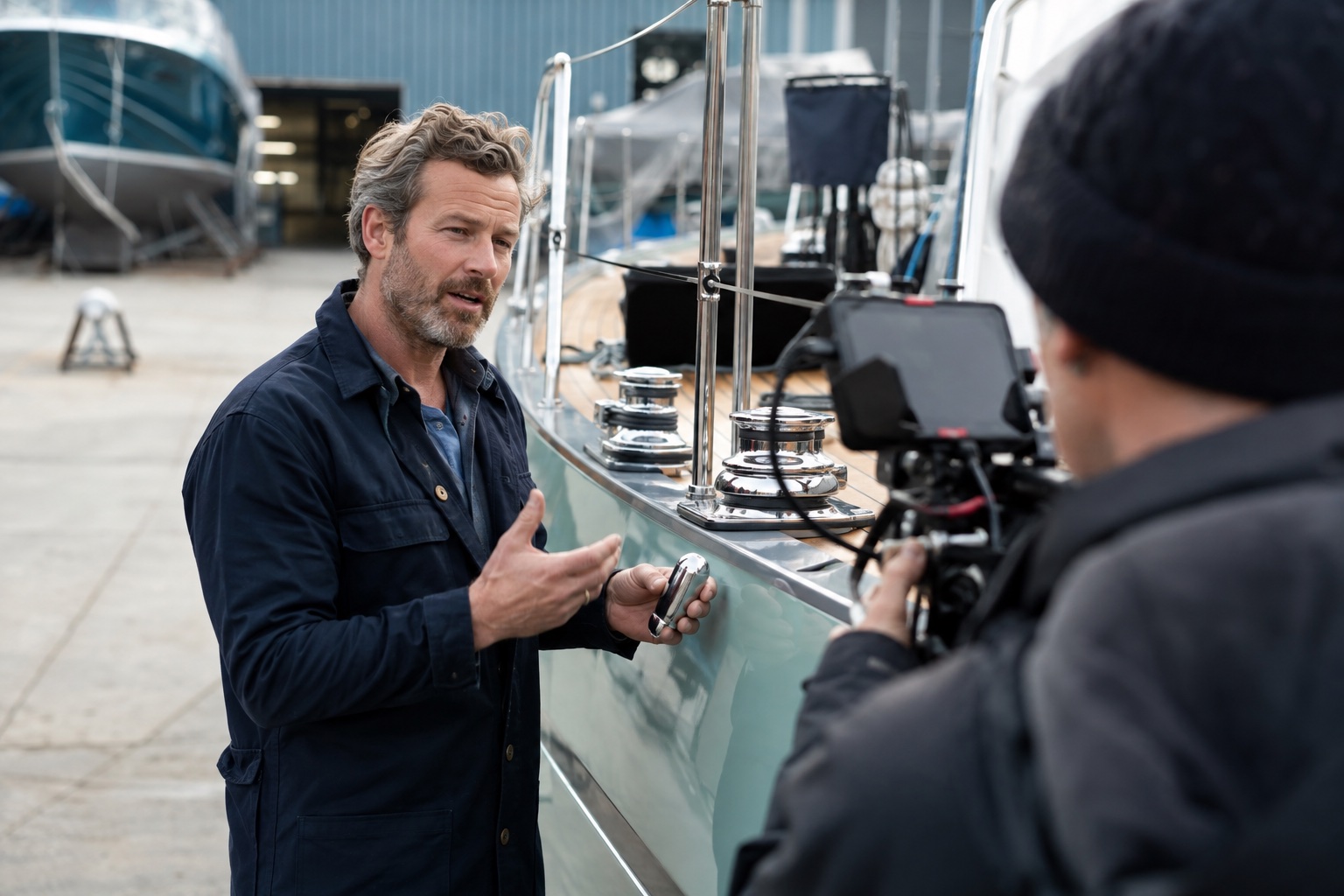 Marine specialist explaining deck hardware during a content shoot