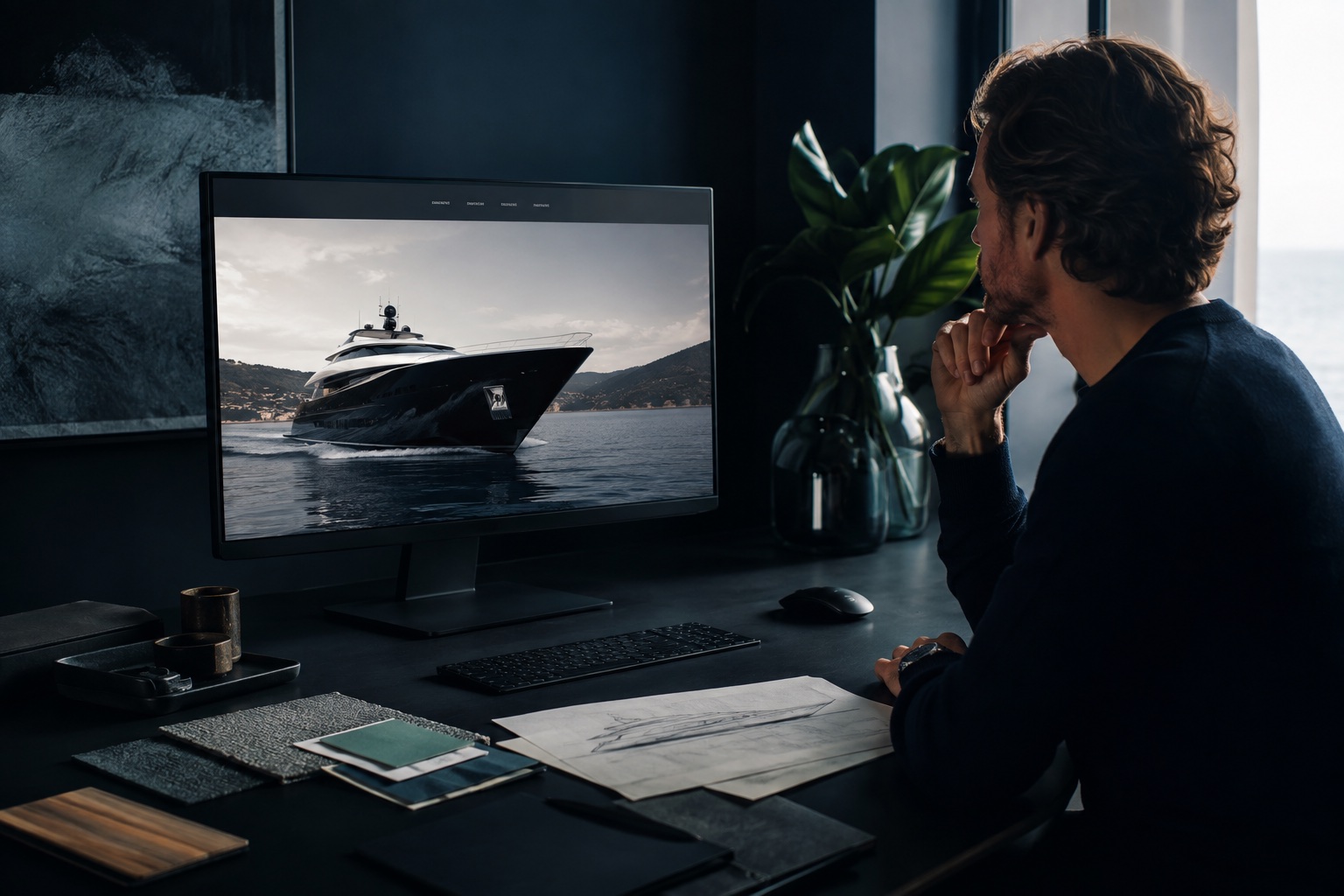 Marine web designer reviewing a yacht website in the studio