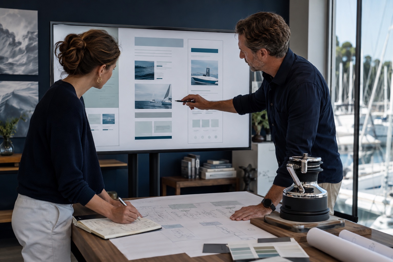 Marine product specialist and web designer reviewing a customer journey