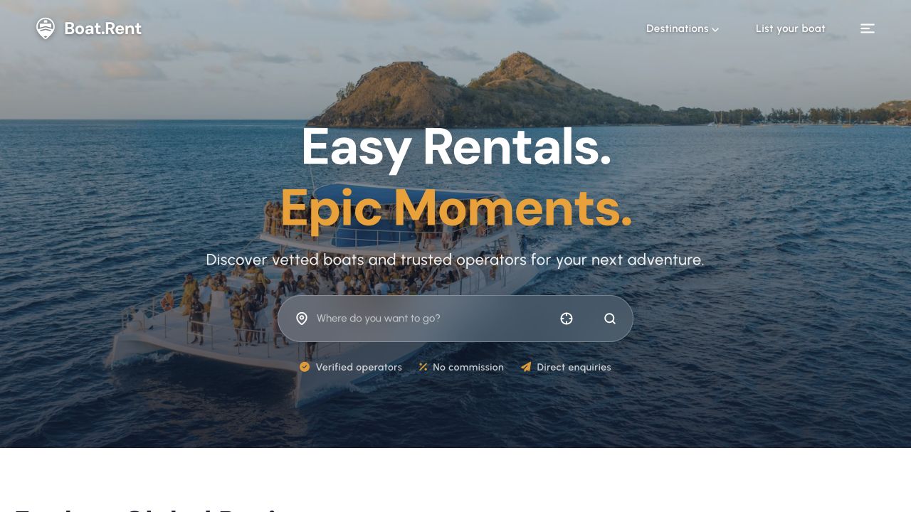 Live Boat.rent homepage showing a catamaran on the water