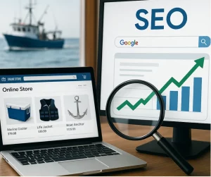 Marine eCommerce SEO optimization showing search ranking growth and online marine store interface