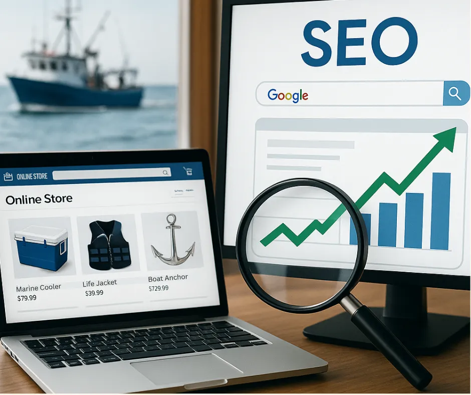 Marine eCommerce SEO optimization showing search ranking growth and online marine store interface