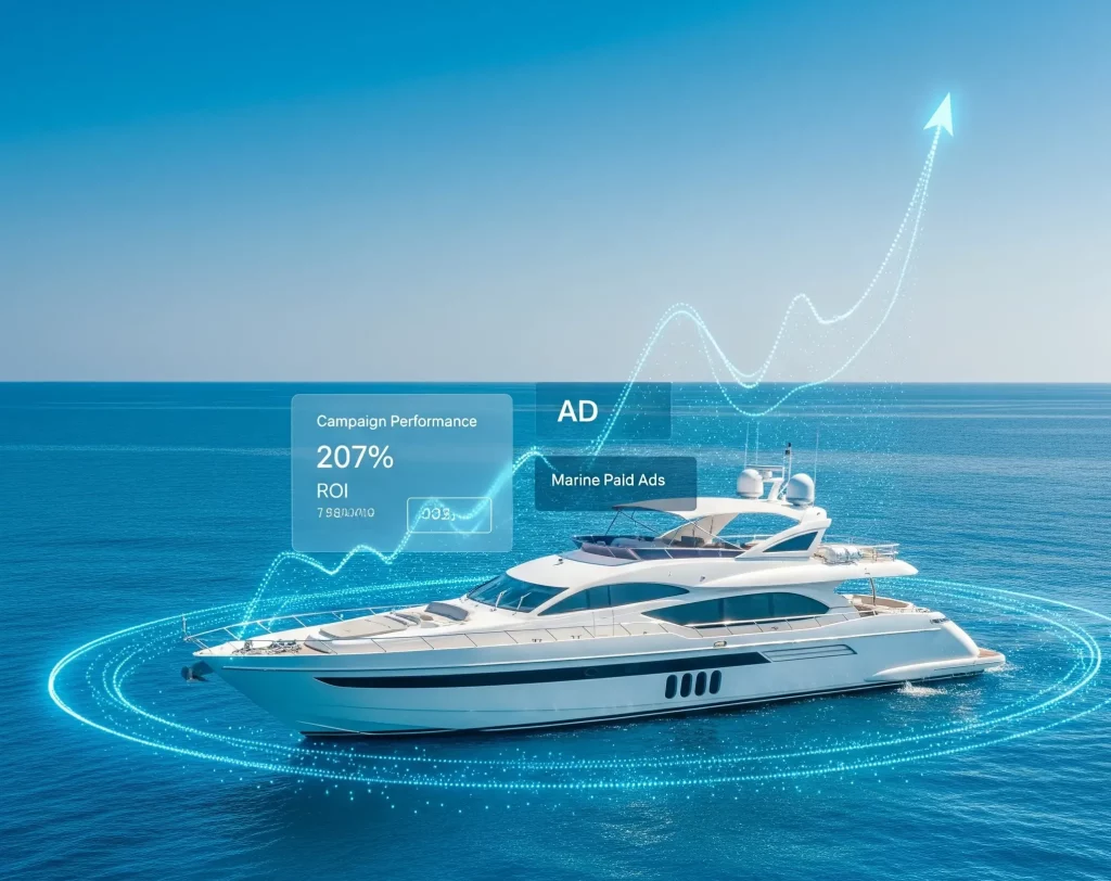 Graphic image showing yacht with sales parameters - Marine Paid Ads