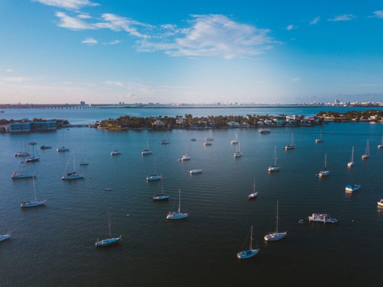 Sailboats anchored on Biscayne Bay in Miami