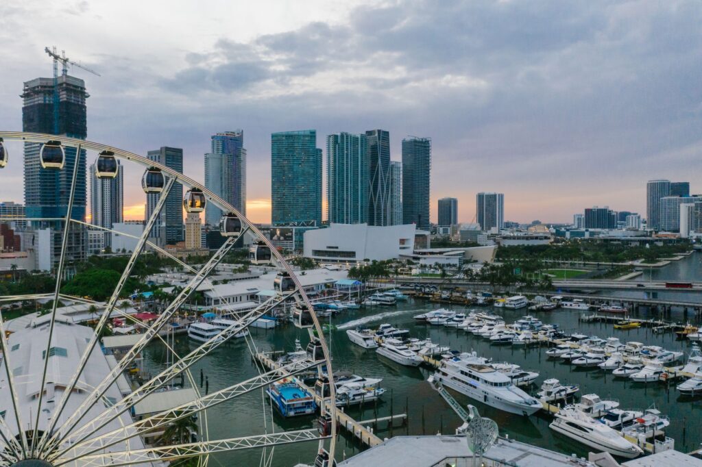 Bayside marina, Skyviews observation wheel and the Downtown Miami skyline